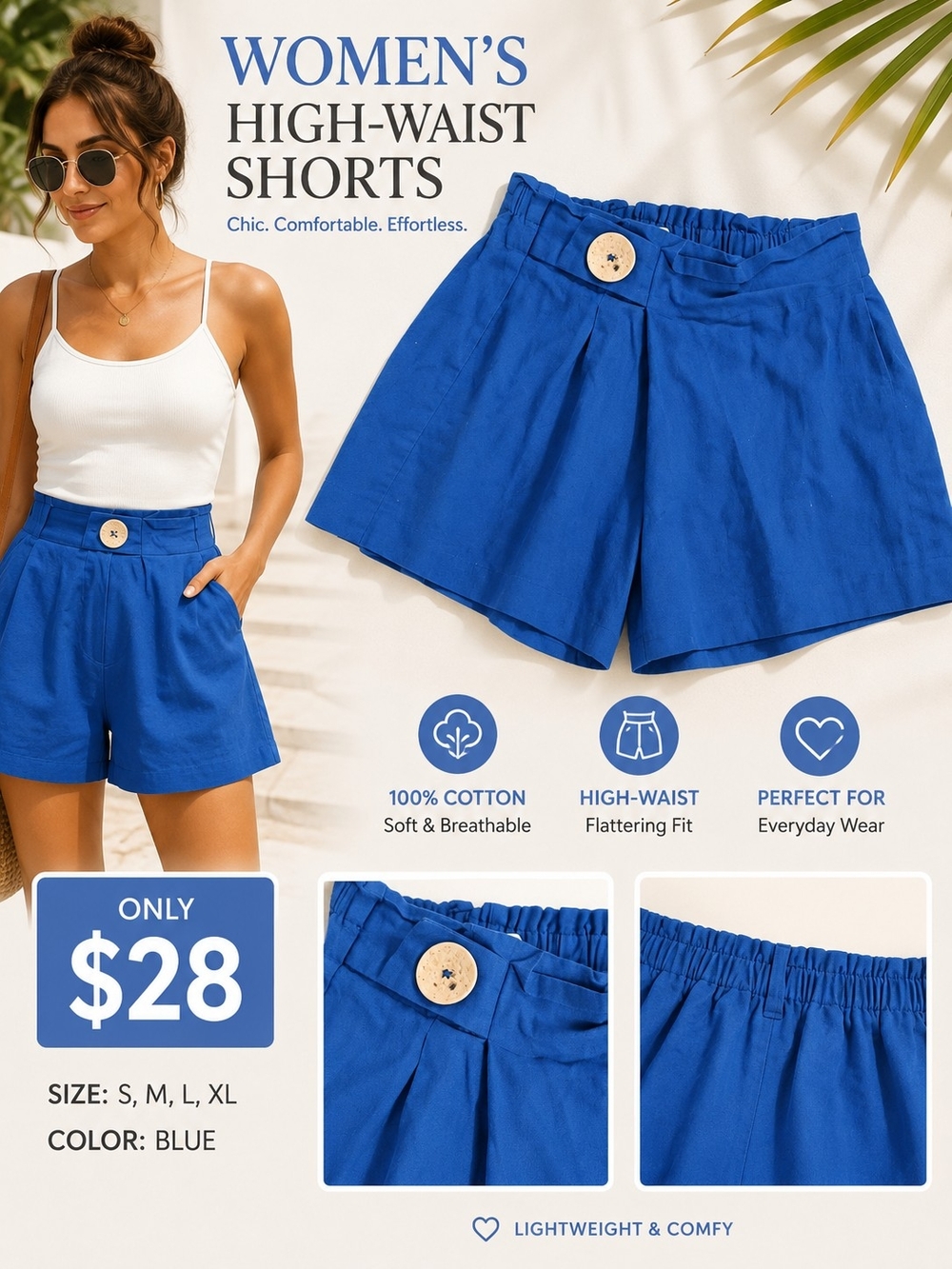 Zara High-Waist Royal Blue Cotton Shorts
